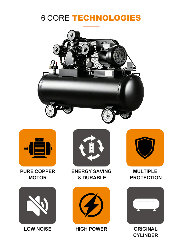 7HP AC Powered Belt Driven Oil-Free Air Cooled Piston Air Compressor 70L 8bar Portable Industrial