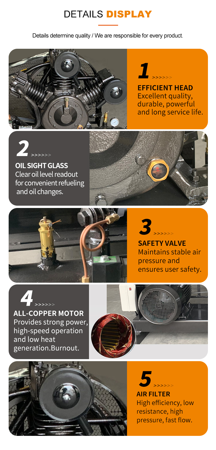 7HP AC Powered Belt Driven Oil-Free Air Cooled Piston Air Compressor 70L 8bar Portable Industrial