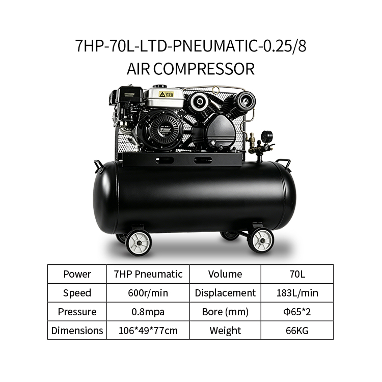7HP AC Powered Belt Driven Oil-Free Air Cooled Piston Air Compressor 70L 8bar Portable Industrial