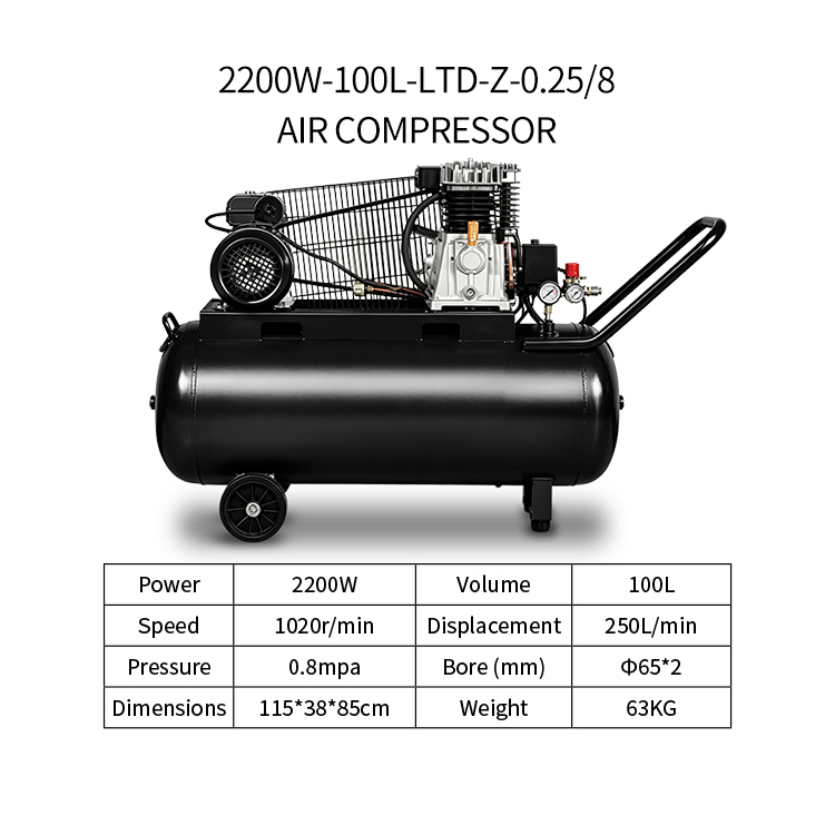 Heavy Duty 2.2kW 100L 8Bar Oil-Free Air Cooled Piston Air Compressor 1020RPM 65x2 Cylinder Portable